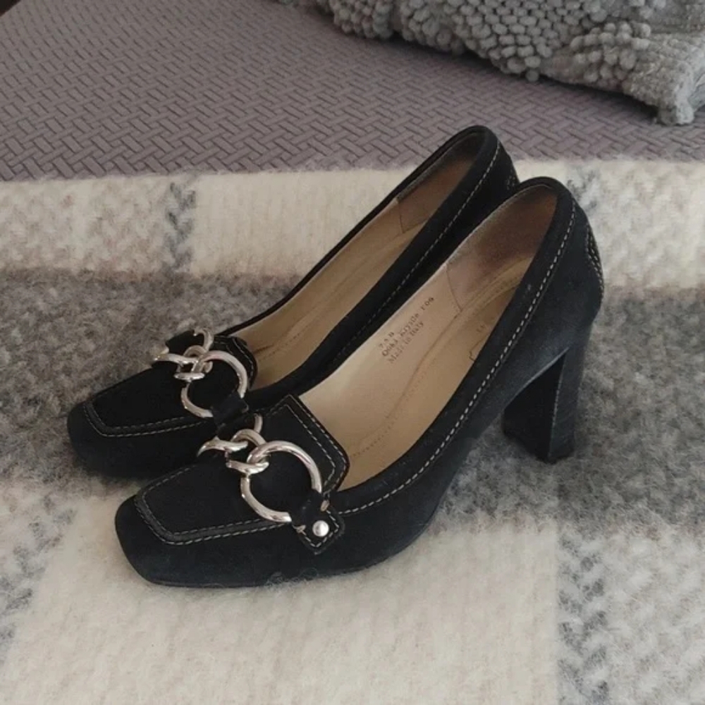 COACH Krystle black suede heeled loafers with silver accent 7.5